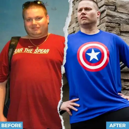Before and after photo of Coach Stephen Box's 80lb weight loss